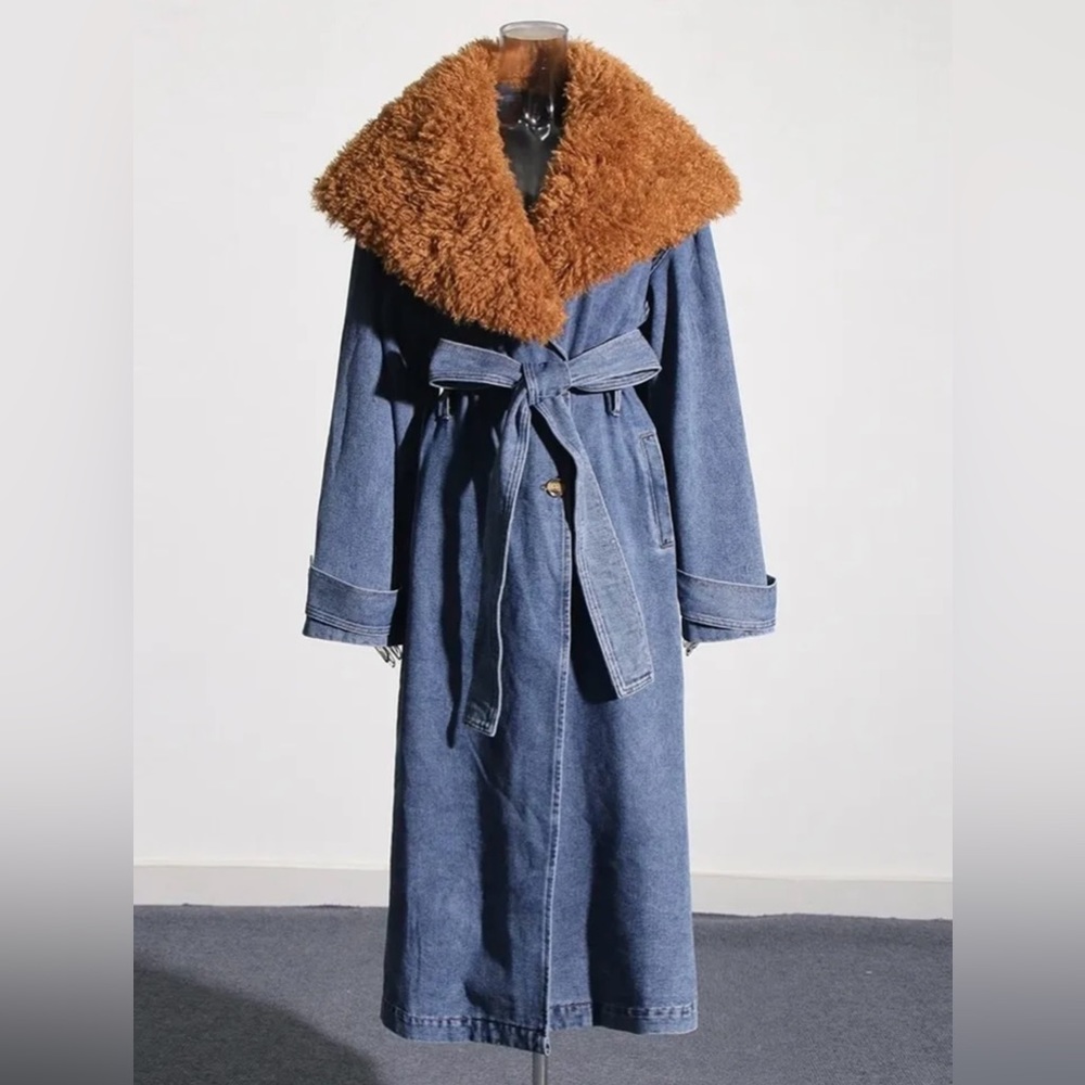 Denim Long Trench Coat with Faux Fur Collar Blue Medium Wash Belted Maxi Jacket
